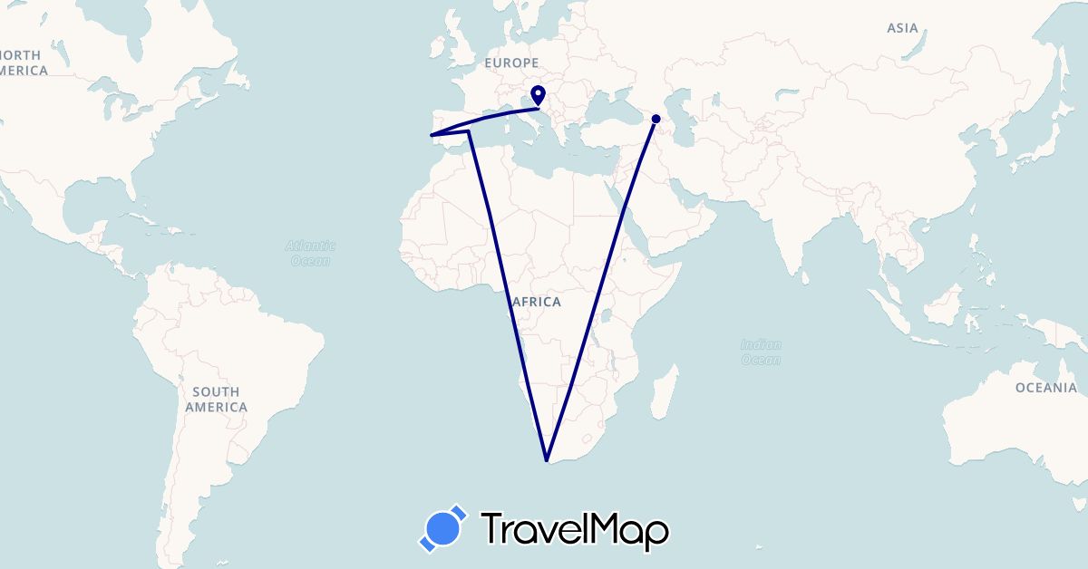 TravelMap itinerary: driving in Spain, Georgia, Croatia, Portugal, South Africa (Africa, Asia, Europe)